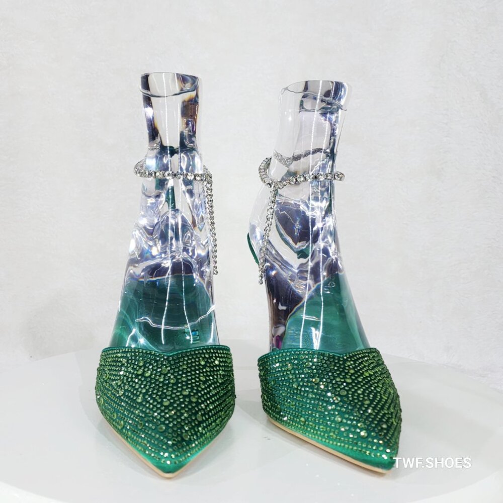 Simply Sexy Slip on Ankle Bracelet Green Rhinestone Pointy Toe High Heels - Picture 8 of 11